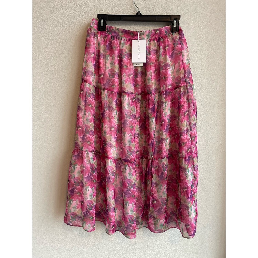 NWT Lucy Paris Pink Floral Print Tiered Midi Skirt Size Small Summer‎ Spring